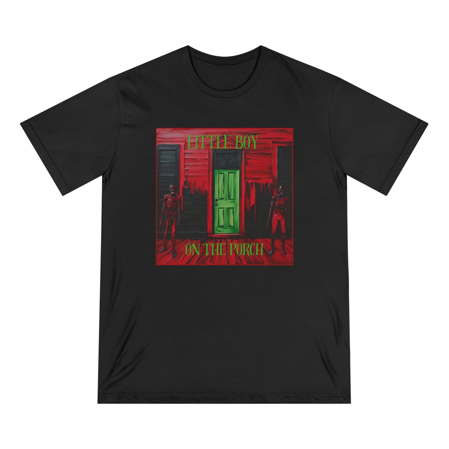 Artistic Horror Graphic T-Shirt - 'Little Boy on the Porch & Noir Wolf'