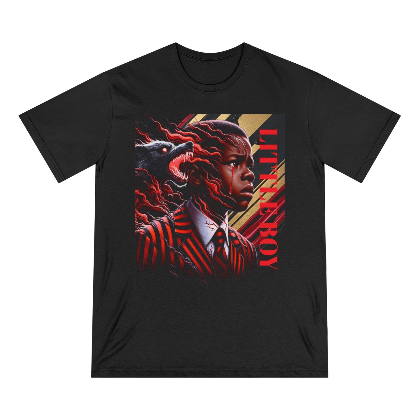 Artistic Black T-Shirt - Little Boy & Noir Wolf Design