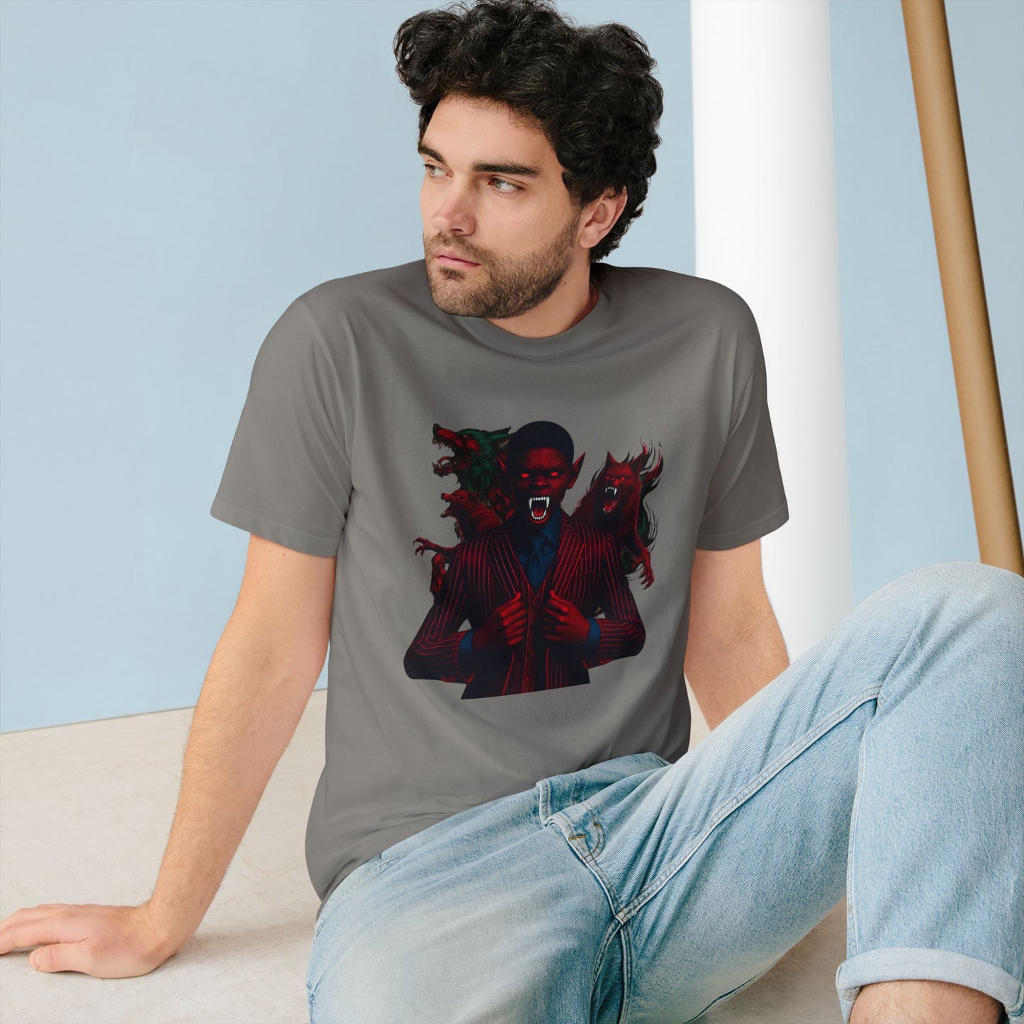 Organic Graphic T-Shirt - Little Boy on the Porch & Noir Wolf Design