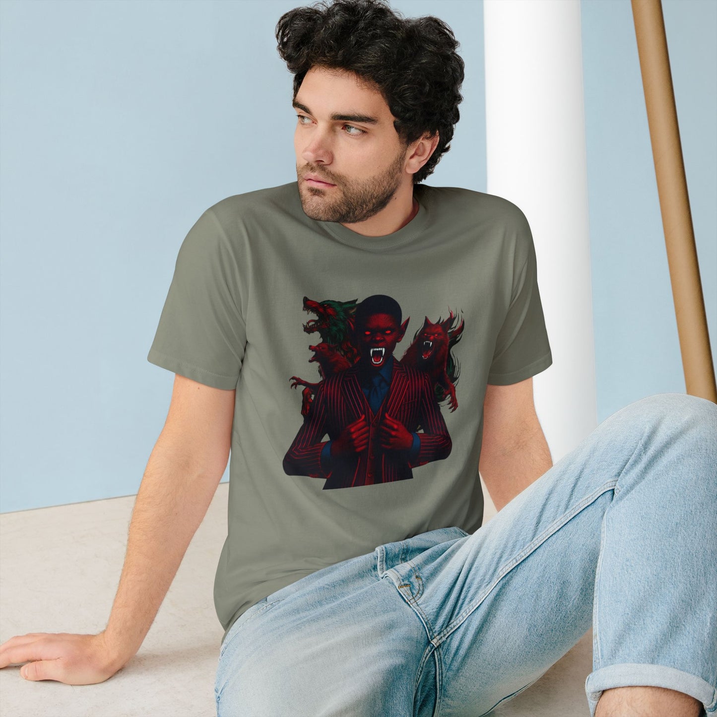 Organic Graphic T-Shirt - Little Boy on the Porch & Noir Wolf Design