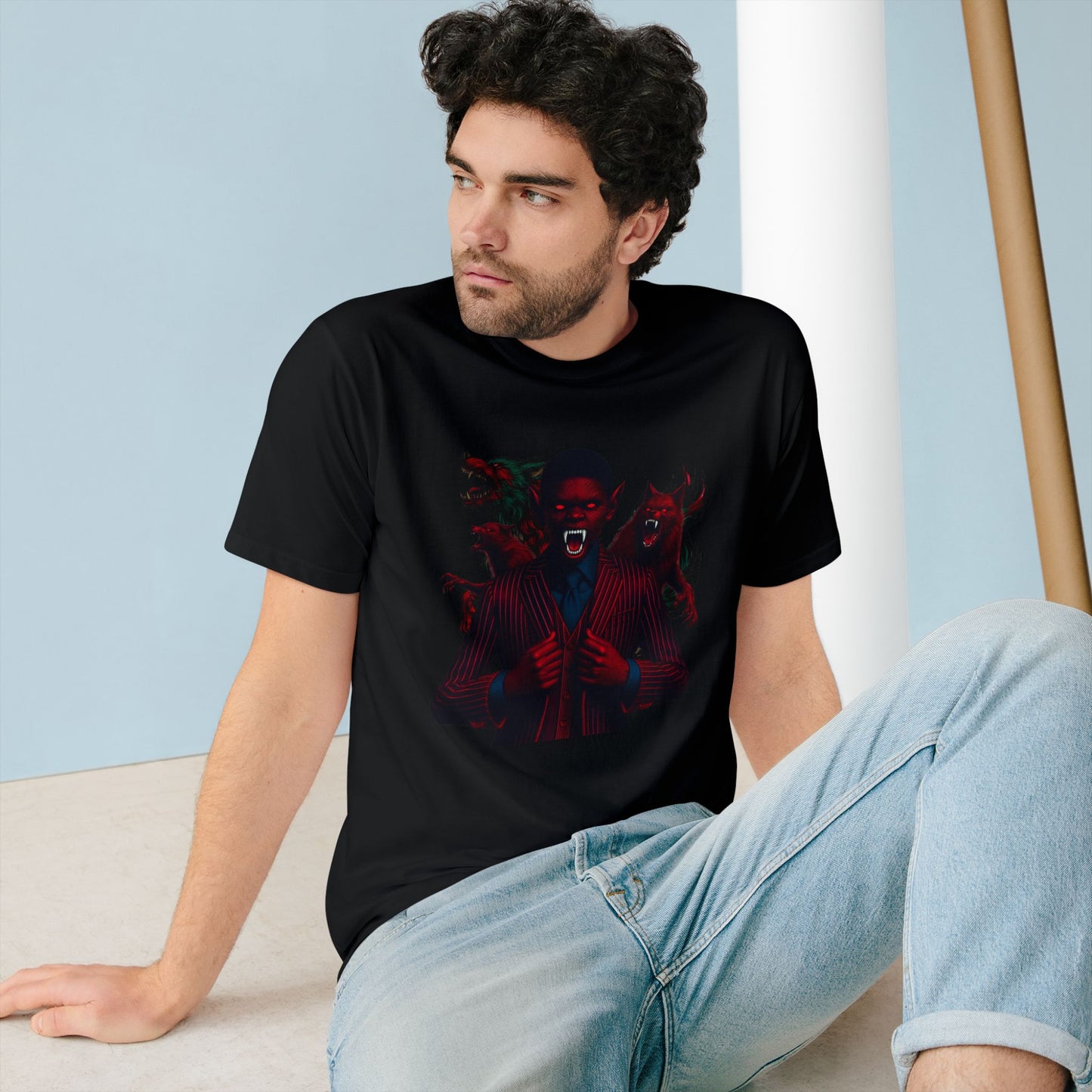 Organic Graphic T-Shirt - Little Boy on the Porch & Noir Wolf Design